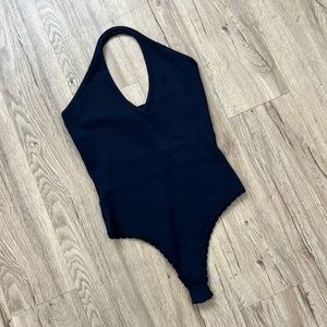 Vintage Donna Karan Halter Bodysuit Petite Navy Wool Blend 1990s